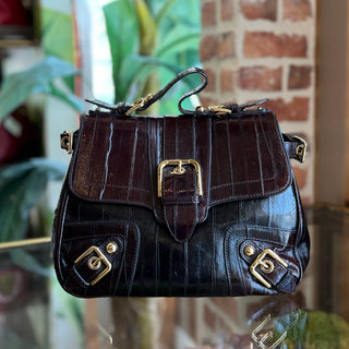 DOLCE & GABBANA Vintage Brown Striped Patent Leather Top Handle Bag