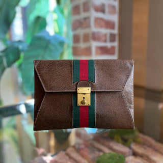 GUCCI Sherry Line Brown Leather Web Vintage Clutch Bag