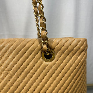 CHANEL V Stitch Chain Tote Shoulder Bag Beige Leather