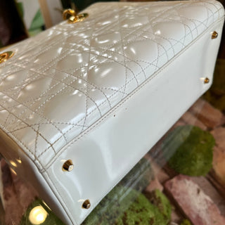 DIOR White Medium Lady Dior Vintage Patent Leather