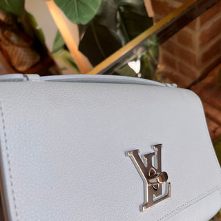 LOUIS VUITTON Lockme Clutch Light Blue Grained Calfskin Leather Shoulder Bag