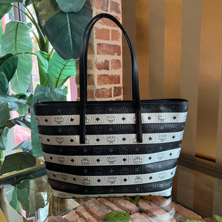 MCM Silver and Black Stripe Zip Top Tote