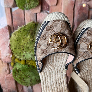 GUCCI Pilar GG Ankle Tie Espadrille Platform Wedges SZ40(10US)