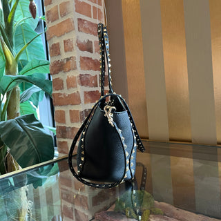 VALENTINO GARAVANI Rockstud Medium Black Pebbled Calfskin Tote