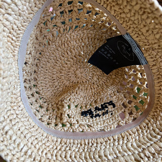 PRADA Natural Raffia Crochet Logo Bucket Hat SZL