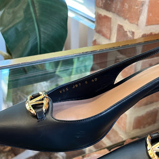 VALENTINO The Bold V Logo Black Leather Slingback Pumps SZ40(10US)
