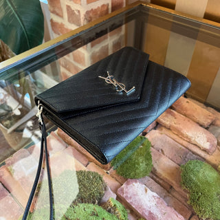 SAINT LAURENT YSL Monogram Grained Leather Flap Clutch Bag