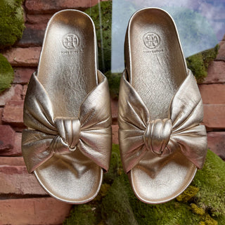 TORY BURCH Metallic Gold Leather Bow Slides SZ 8.5
