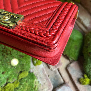 CHANEL Small Boy Bag Red Chevron Caviar Leather Braided Shoulder Bag