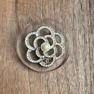 CHANEL Camellia 2019 Transparent Resin Crystal Pearl Brooch