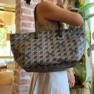 TORY BURCH Blue Basket Weave Print Nylon Tote