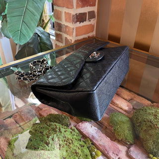 CHANEL Single Flap Jumbo Black Quilted Caviar Leather Shoulder Bag