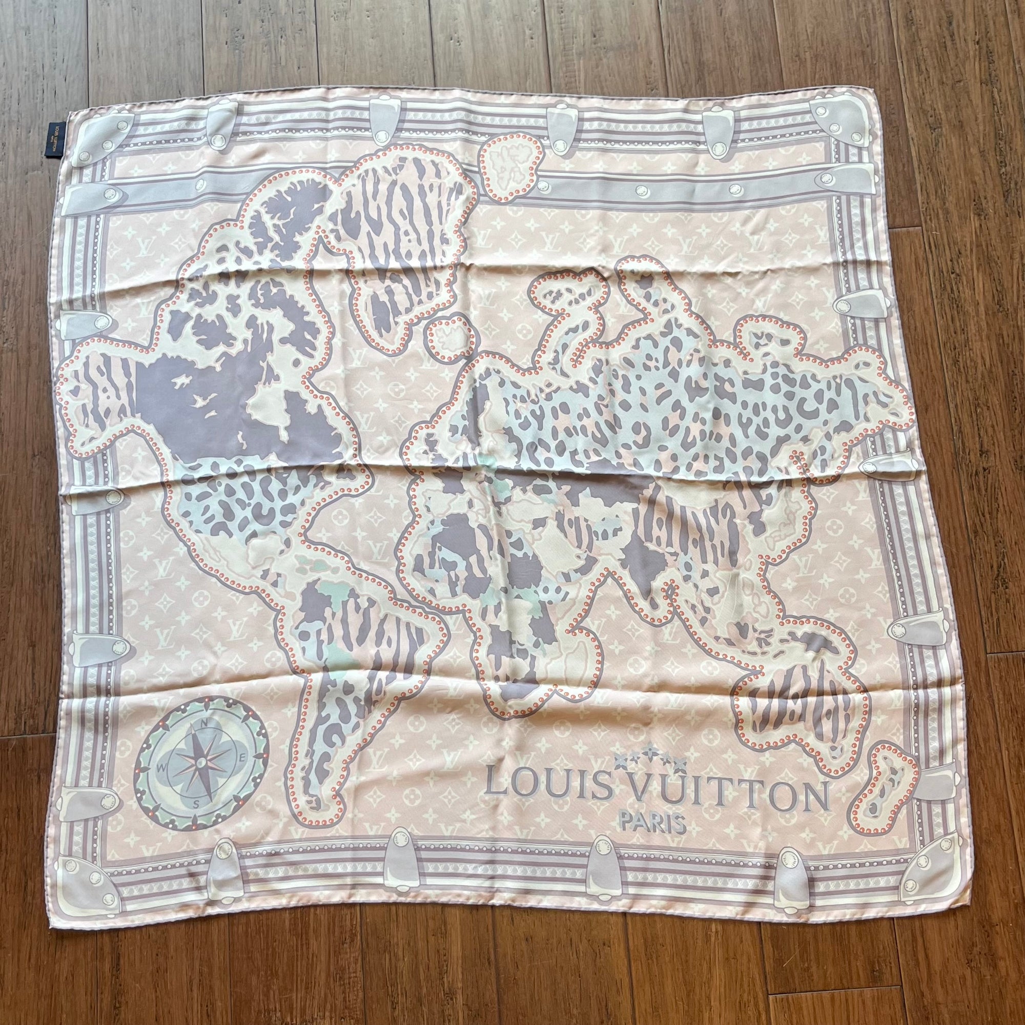 LOUIS VUITTON Pink/Lavender Silk Monogram Map Square Scarf