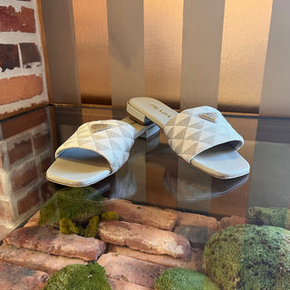 PRADA Jacquard Triangle Logo Grey Leather Slides SZ 38 (US 8)