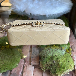CHANEL Single Flap Whipstitch Beige Lambskin Shoulder Bag