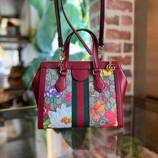 GUCCI Ophidia Small Red GG Supreme Monogram Flora Web Tote Bag