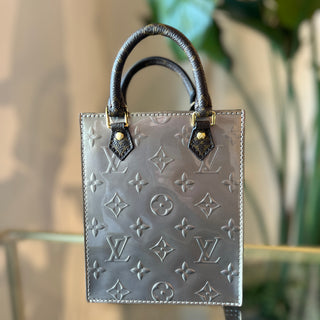 LOUIS VUITTON Sac Plat Petit Grey Metallic Monogram Vernis Tote