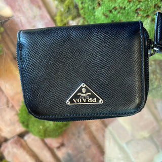 PRADA Black Saffiano Leather Mini Zip Wallet