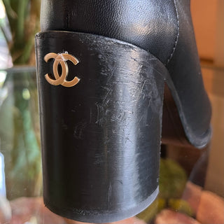 CHANEL Black Leather CC Calfskin Leather Ankle Boots SZ 36.5 (SZ 6.5)