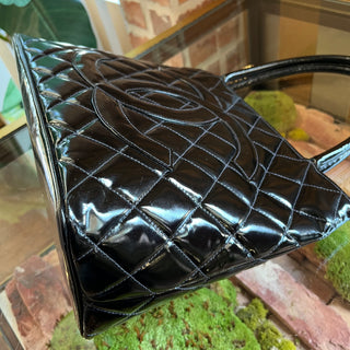 CHANEL Medallion Black Quilted Patent Leather Vintage Tote Bag