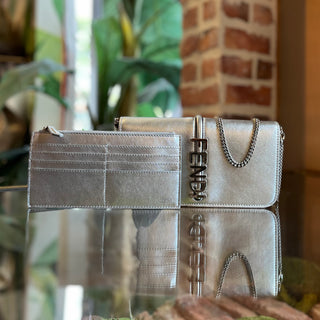 FENDI Fendigraphy Wallet on Chain Metallic Silver Leather Crossbody Bag