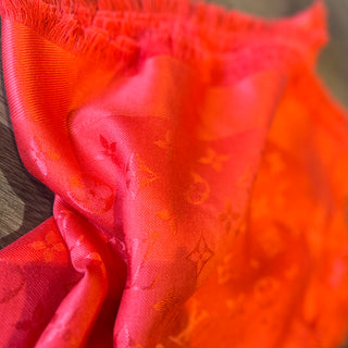 LOUIS VUITTON Silk & Wool Monogram Shawl Bright Red Orange