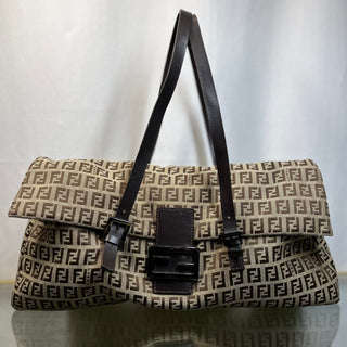 FENDI Beige Brown Zucchino Canvas Leather East West Shoulder Bag