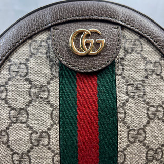 GUCCI Ophidia Mini Round Beige Ebony GG Supreme Canvas Leather Shoulder Bag