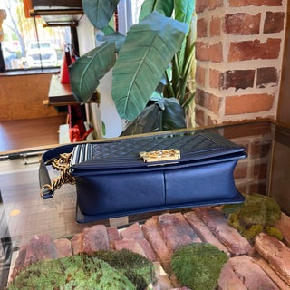 CHANEL Dark Navy Boy Bag Medium Calfskin Shoulder Bag