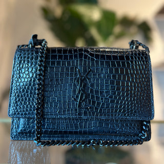 SAINT LAURENT Medium Monogram Sunset Black Crocodile Embossed Calfskin Shoulder Bag