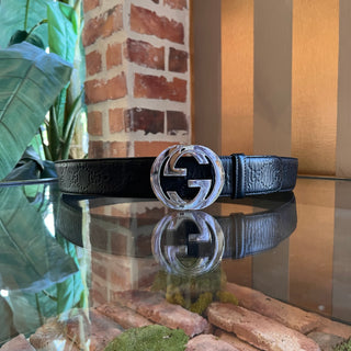 GUCCI GG Debossed Guccissima Black Leather Belt SZ 95/38