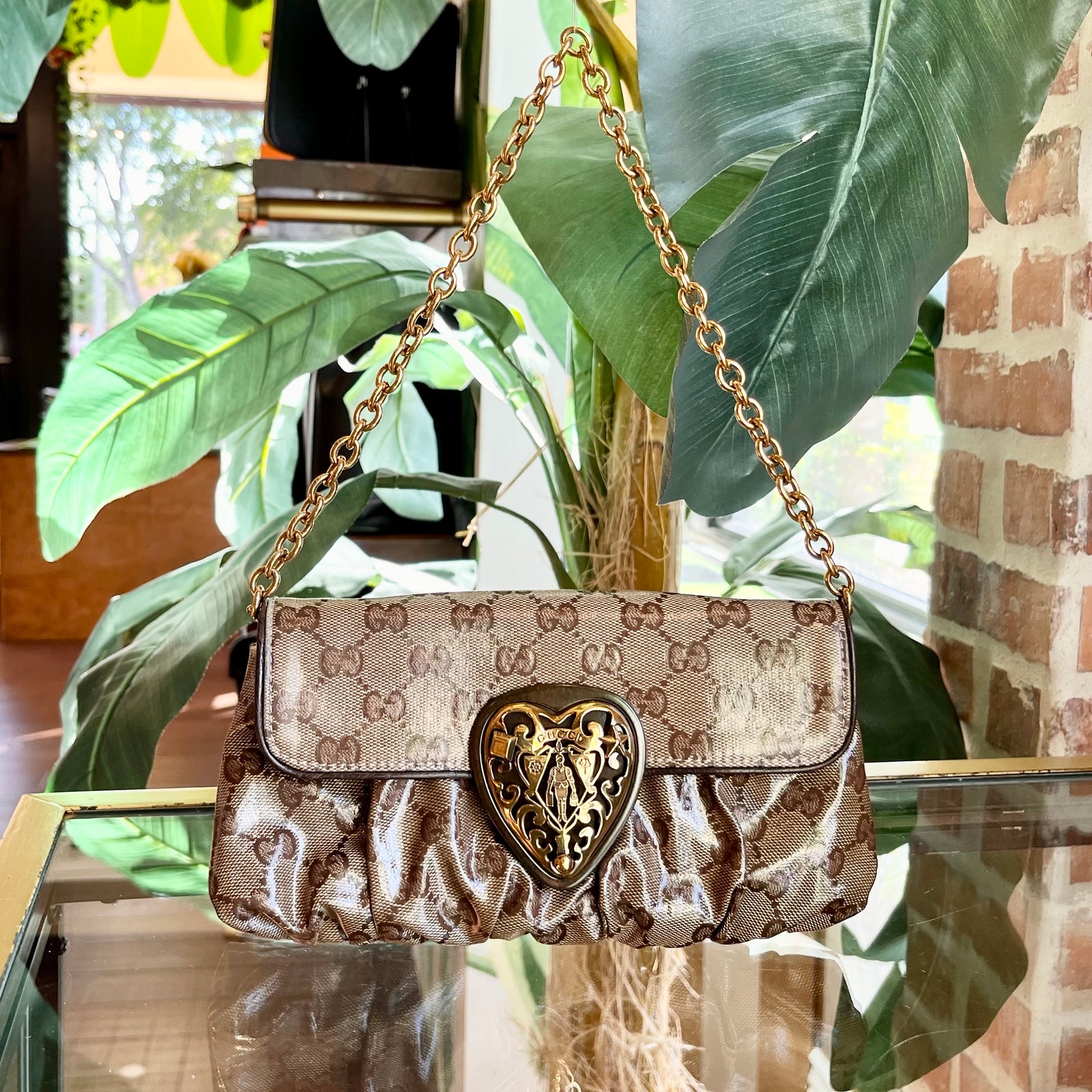 Gucci Gold GG Canvas and Snake Embossed Leather Chain Pochette Gucci