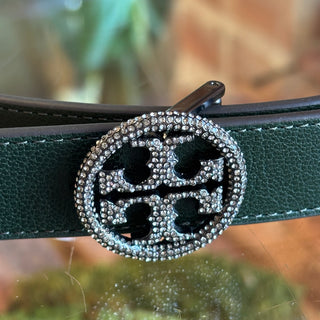 TORY BURCH Miller Crystal-Embellished Green Leather Belt Large