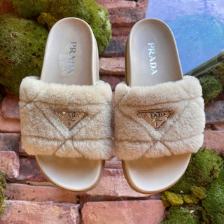 PRADA Beige Leather Shearling Slides SZ 37 (US 7)