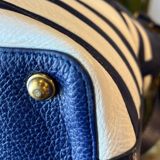 BRAHMIN Shoulder Bag Navy Blue Striped Leather Shoulder Bag