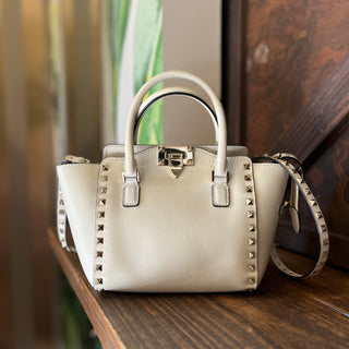 VALENTINO Trapeze Small White Calfskin Leather Rockstud Tote