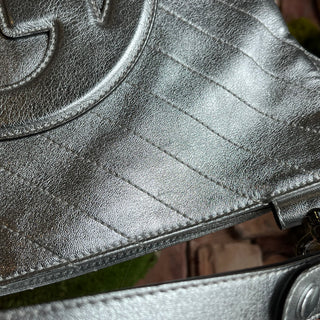 GUCCI Diagonal Blondie Metallic Silver Leather Tote Bag