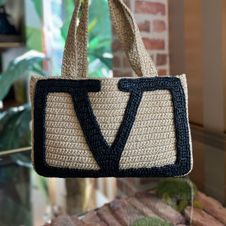 VALENTINO Superstar Beige Raffia Shopping Tote Bag