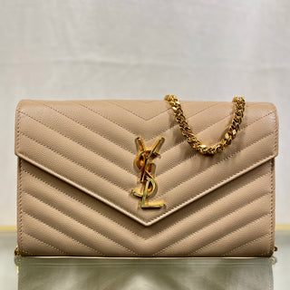 SAINT LAURENT Chain Wallet Dark Beige Grain De Poudre Matelasse Chevron Monogram Crossbody