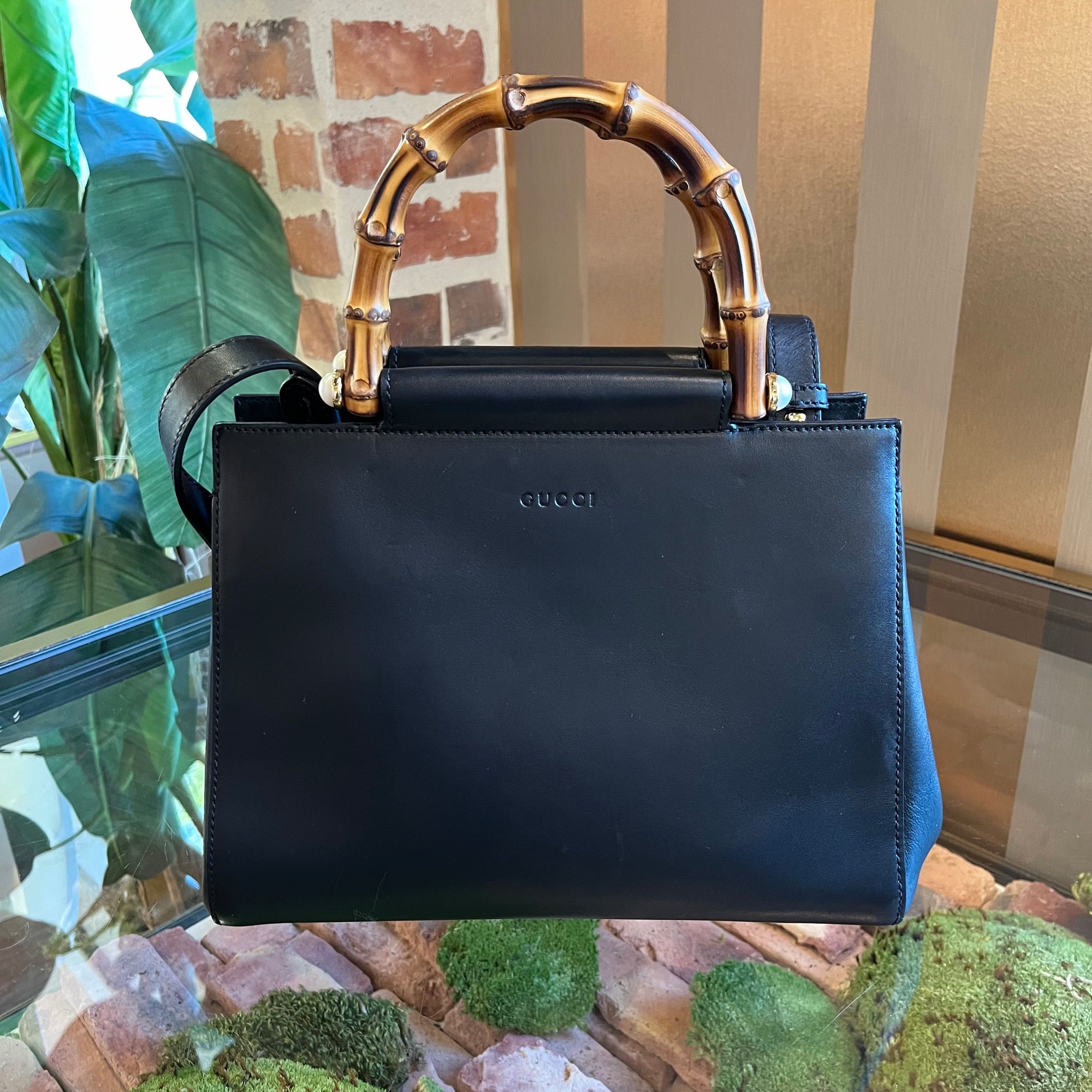 GUCCI Nymphaea Black Leather Bamboo Top Handle Bag