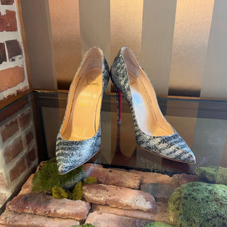 CHRISTIAN LOUBOUTIN Pigalle Follies Silver Glitter Striped Heels SZ 36 (US 6)