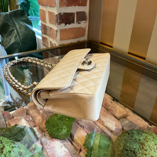 CHANEL Double Flap Small Beige Caviar Quilted Leather Shoulder Bag