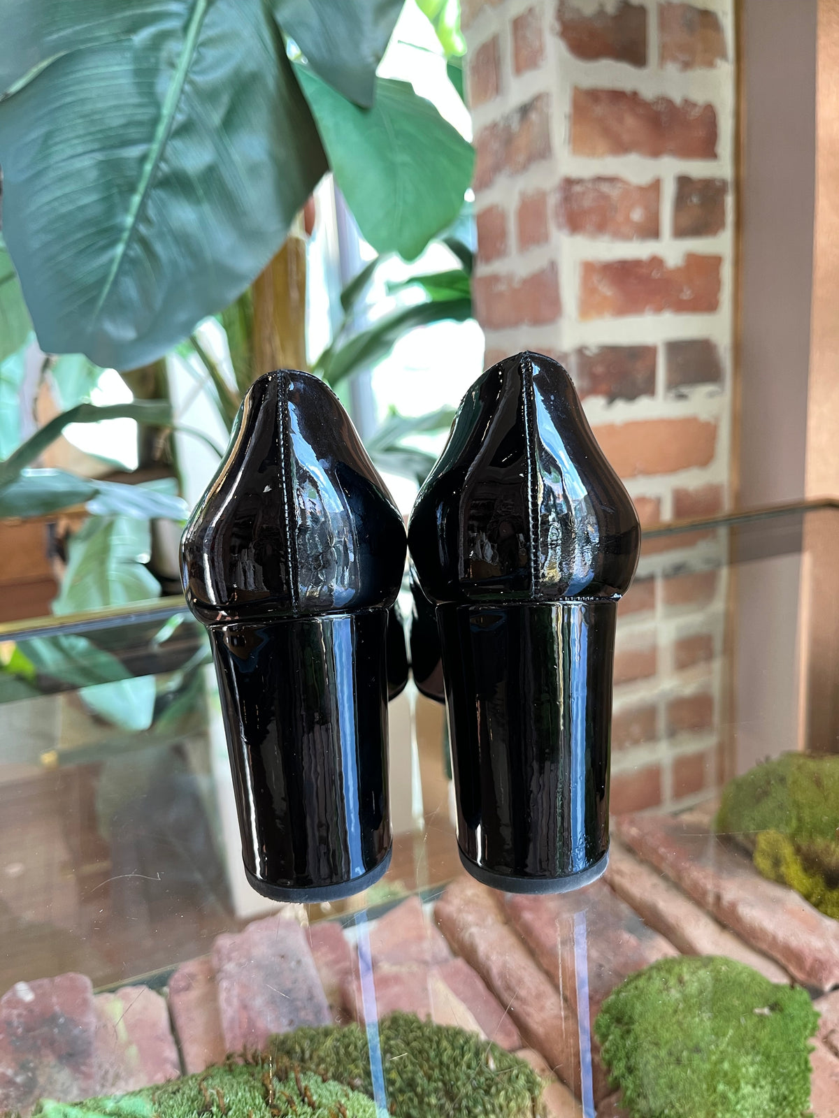 BOTTEGA VENETA Black Patent Leather Intrecciato Detail Chunky Pumps SZ38(8US)