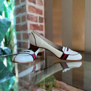 GUCCI White Leather Blue/Red Web Stripe Heeled Loafers SZ 8.5