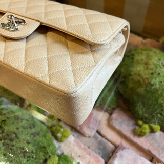 CHANEL Double Flap Small Beige Caviar Quilted Leather Shoulder Bag