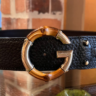 GUCCI G Bamboo Buckle Black Leather Belt SZ 85/34