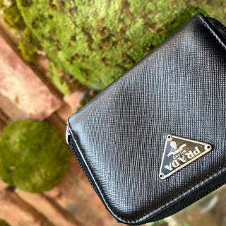 PRADA Black Saffiano Leather Mini Zip Wallet