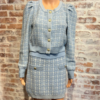 LOVESHACKFANCY Daughter Blue Tweed Crop Cardigan Callington Skirt Set SZM