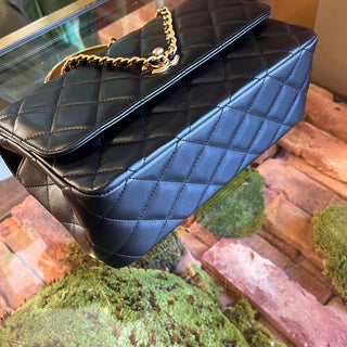 CHANEL Twist Flap Black Lambskin Metal Quilted Chain Top Handle Bag