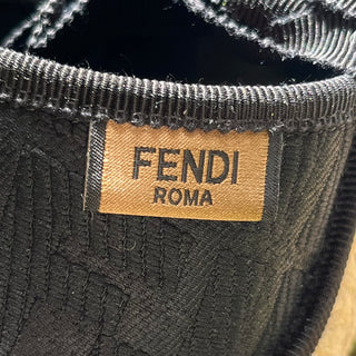 FENDI FF Black Embroidered Canvas Ankle Tie Espadrille Wedges SZ 35 (US 5)